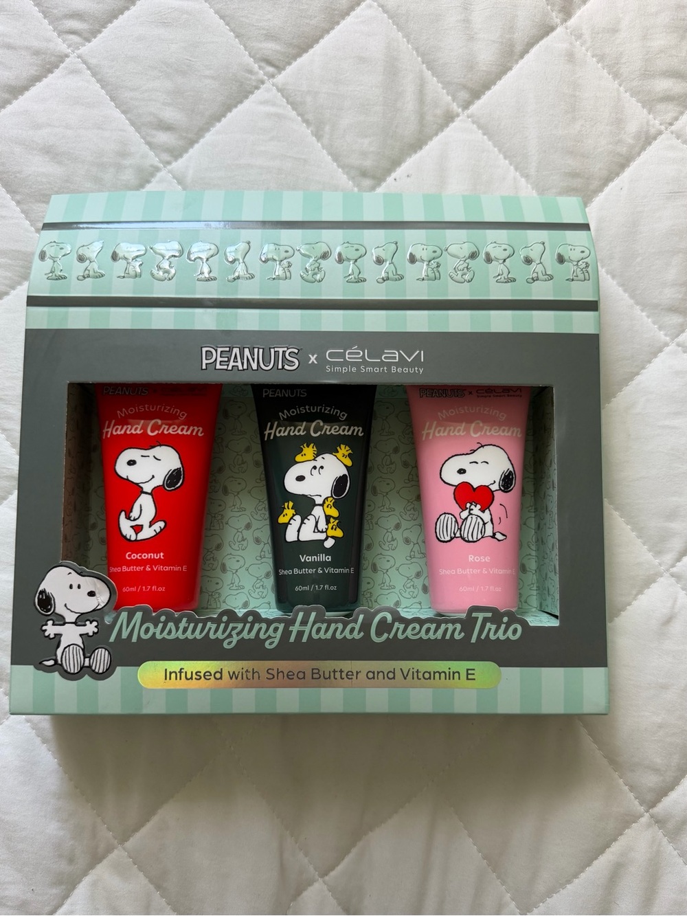 Peanuts Celavi- Moisturizing Hand Cream Trio- Coconut, Vanilla, Rose